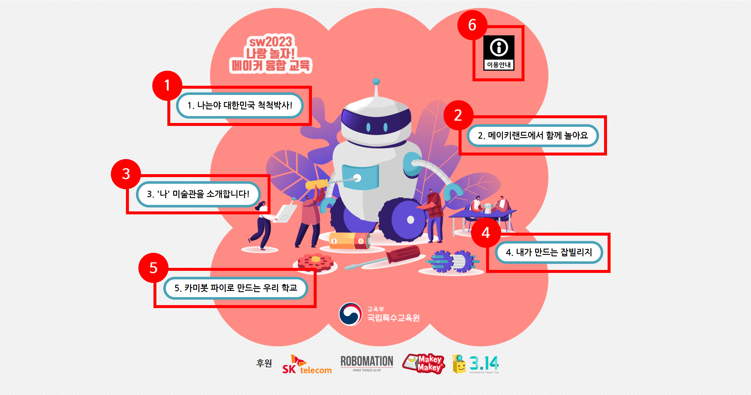 각 단원과 단원명이 적혀있는 부분을 붉은 선으로 표시해놓은 홈 화면 스크린샷. 1.나는야 대한민국 척척박사!, 2.메이키랜드에서 함께 놀아요, 3.'나' 미술관을 소개합니다!, 4.내가 만드는 잡빌리지, 5. 카미봇 파이로 만드는 우리 학교, 6. 이용안내