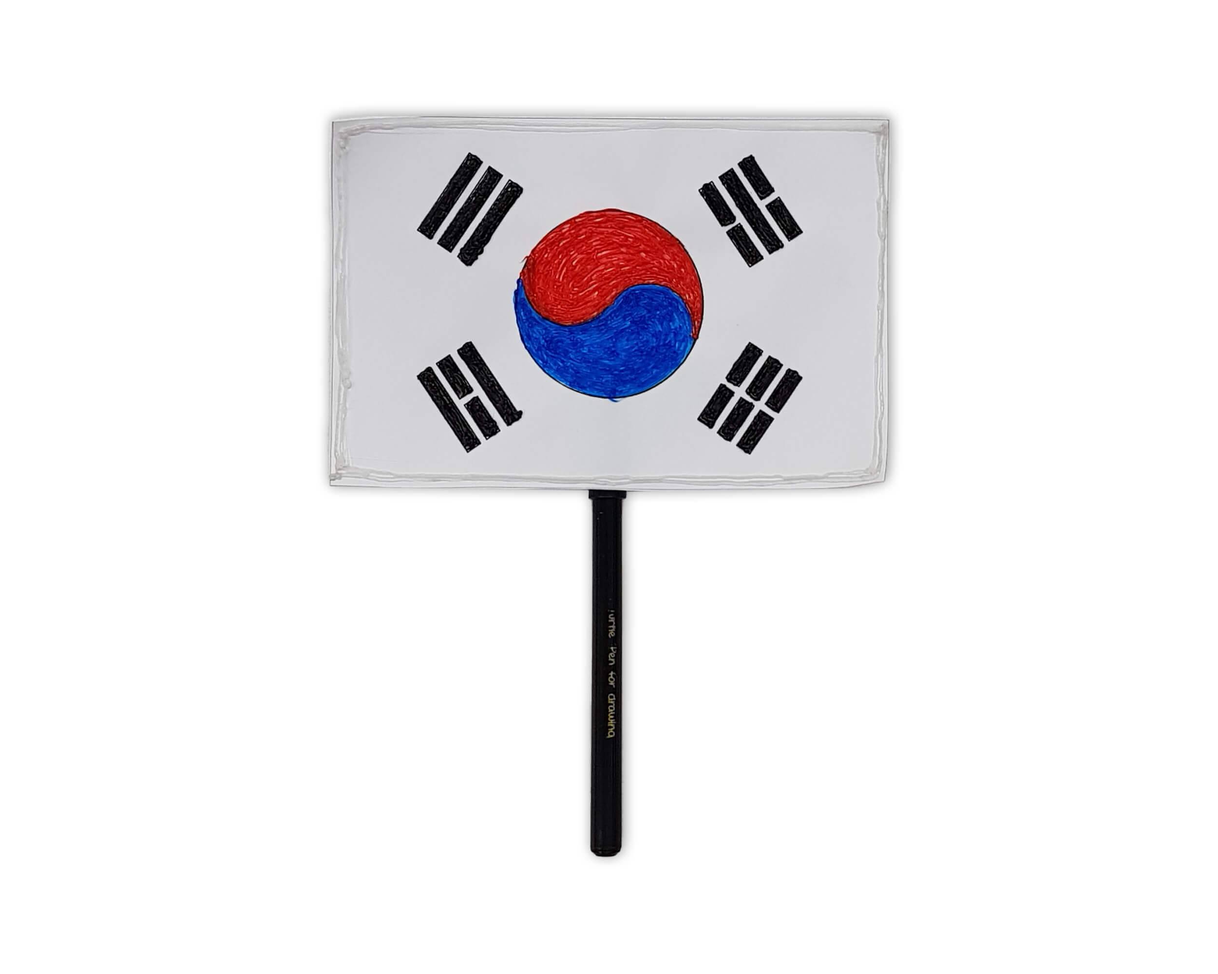 3D 펜으로 만든 태극기를 막대에 붙인 사진