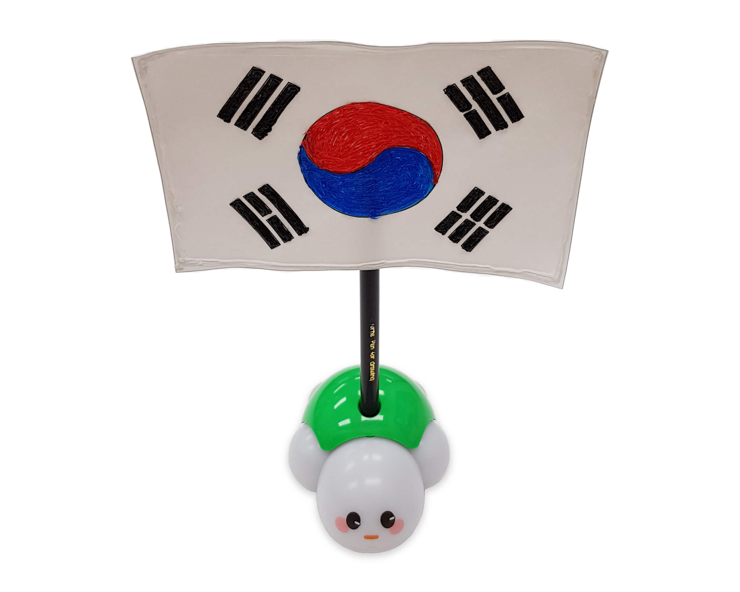 막대에 붙인 3D 태극기를 터틀 로봇 등에 꽂은 모습