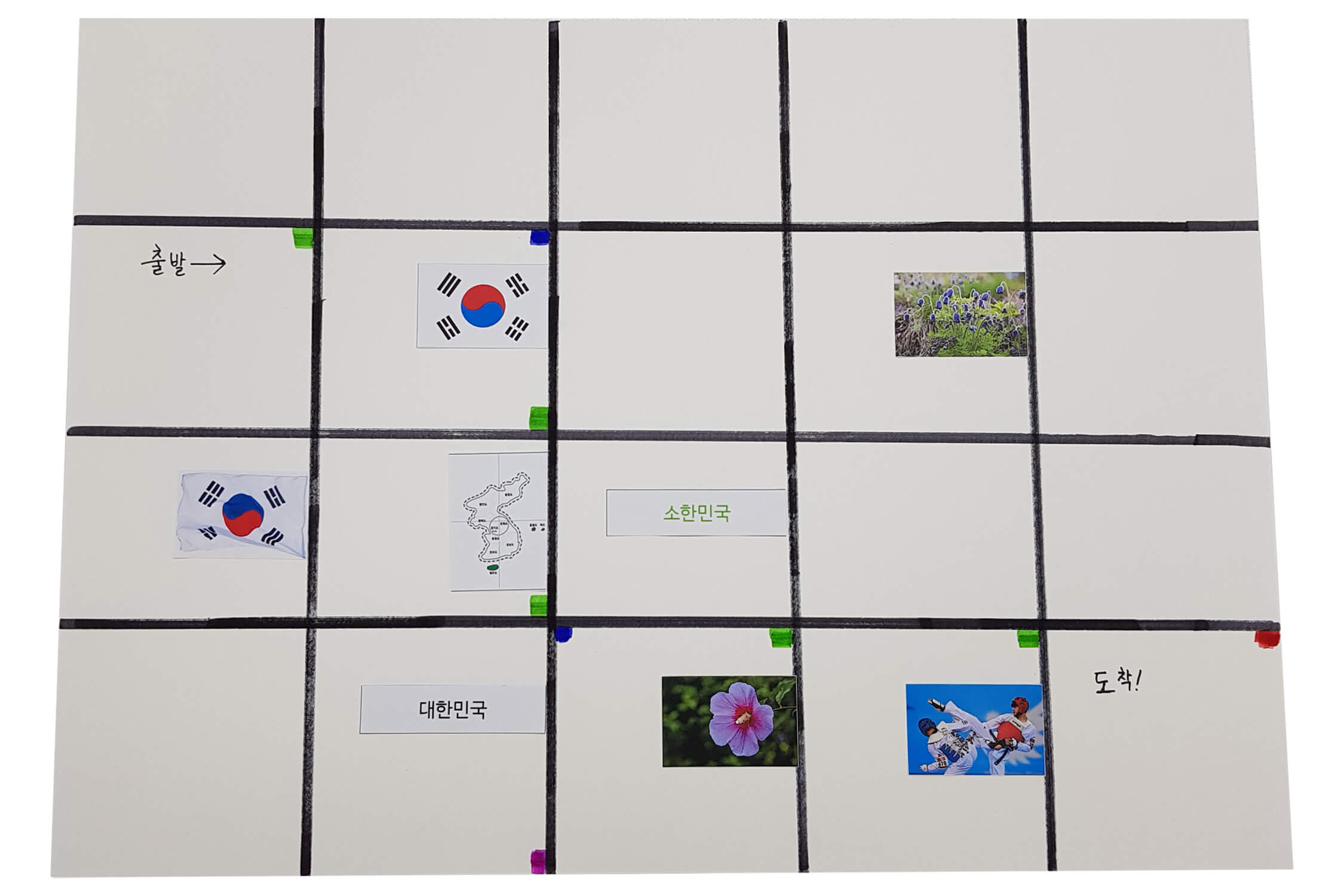 출발지에서 도착지로 올바른 우리나라 상징만 지나가도록 색깔 코딩한 모습