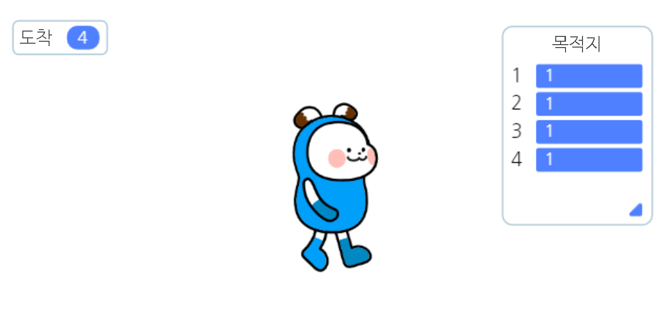 엔트리 길찾기 코딩 실행 화면. 목적지가 1로 변경되어 있는 모습