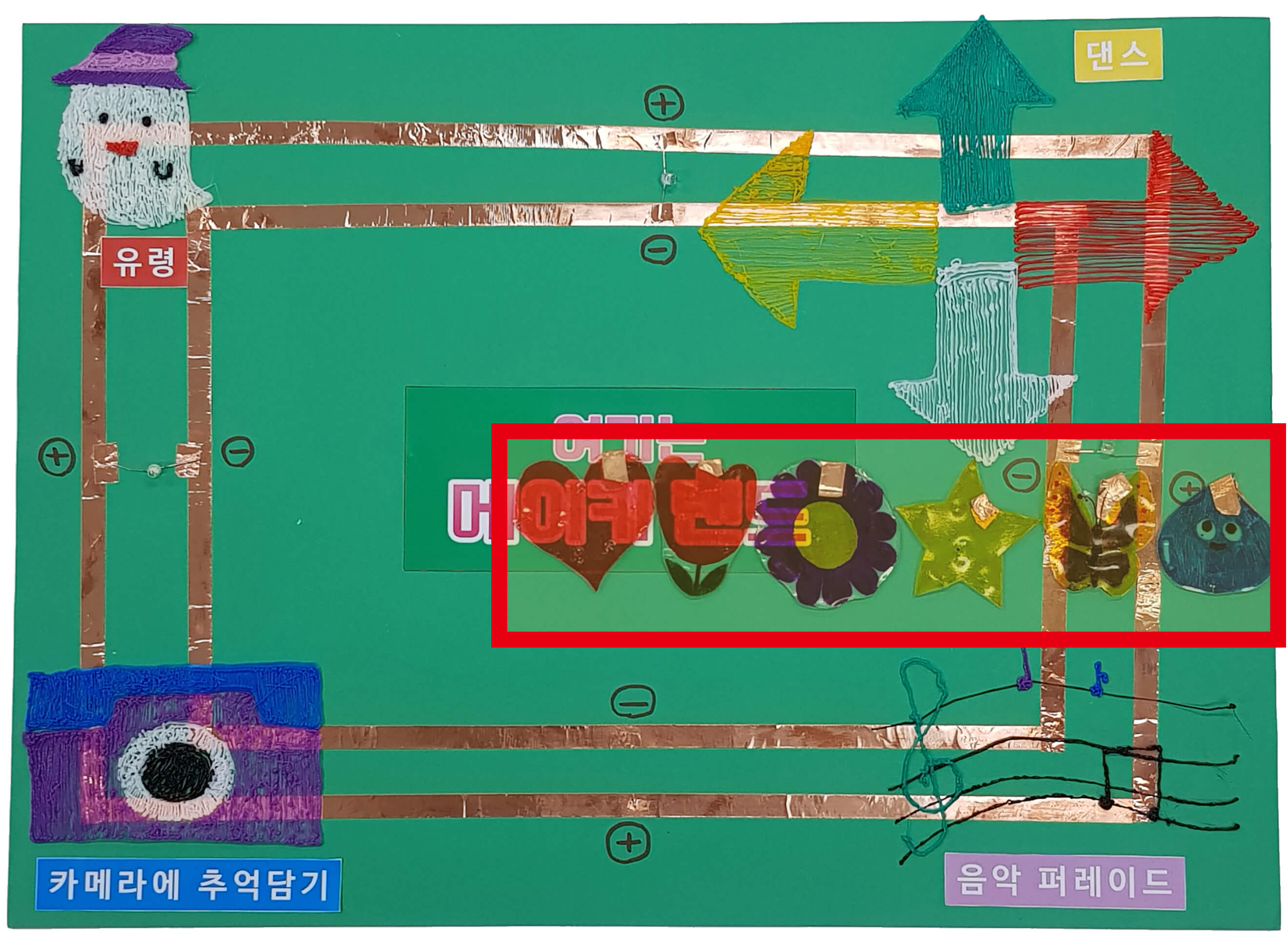 2차시에서 만든 메이키랜드에 음악 퍼레이드에서 만들었던 악기를 배치한 모습