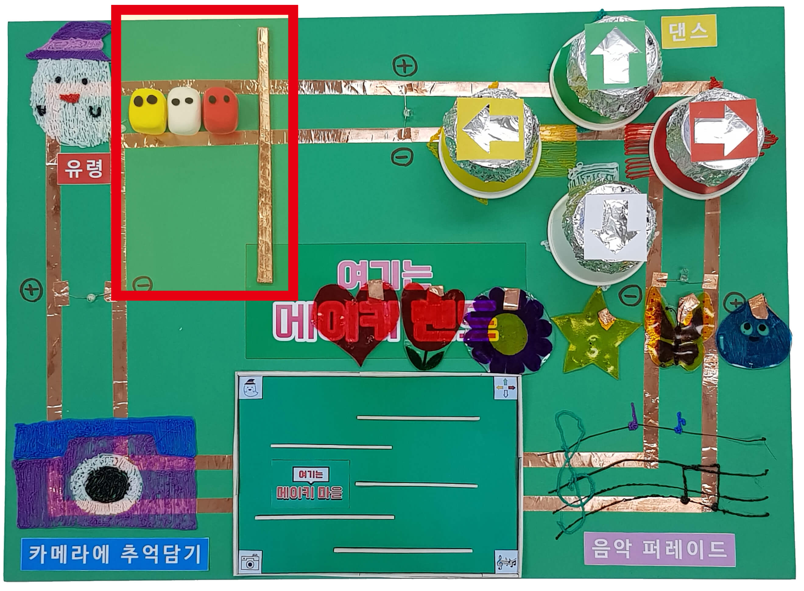 5차시에서 만든 메이키랜드에 유령과 도구를 배치한 모습
