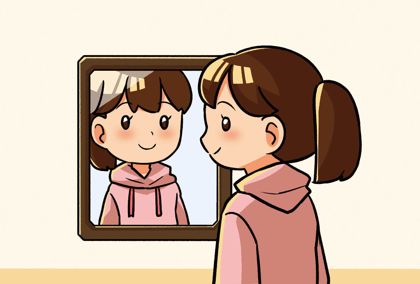 거울에 비친 내 모습을 꼼꼼히 살펴보는 모습