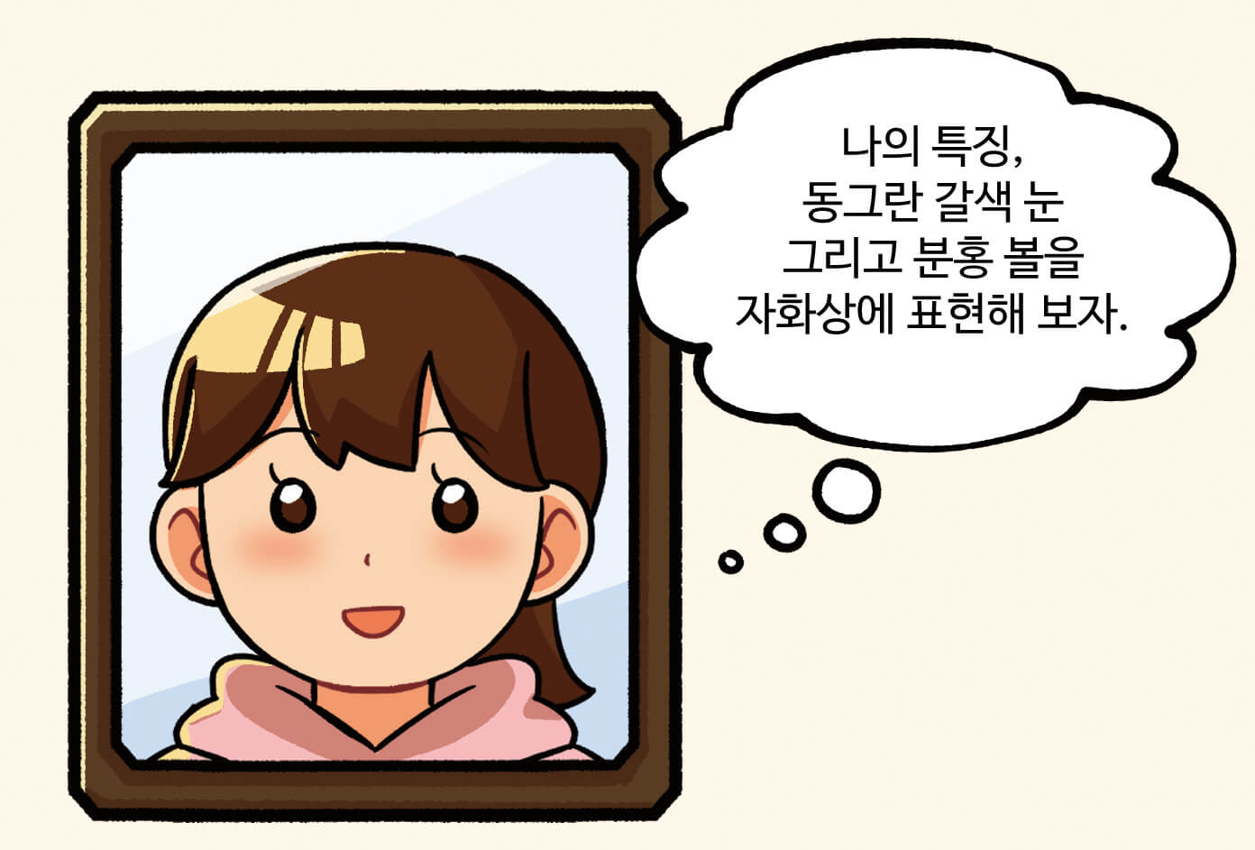 내 얼굴의 특징을 기억하는 모습. '나의 특징, 동그란 갈색 눈 그리고 분홍 볼을 자화상에 표현해 보자.'라고 생각하는 여학생