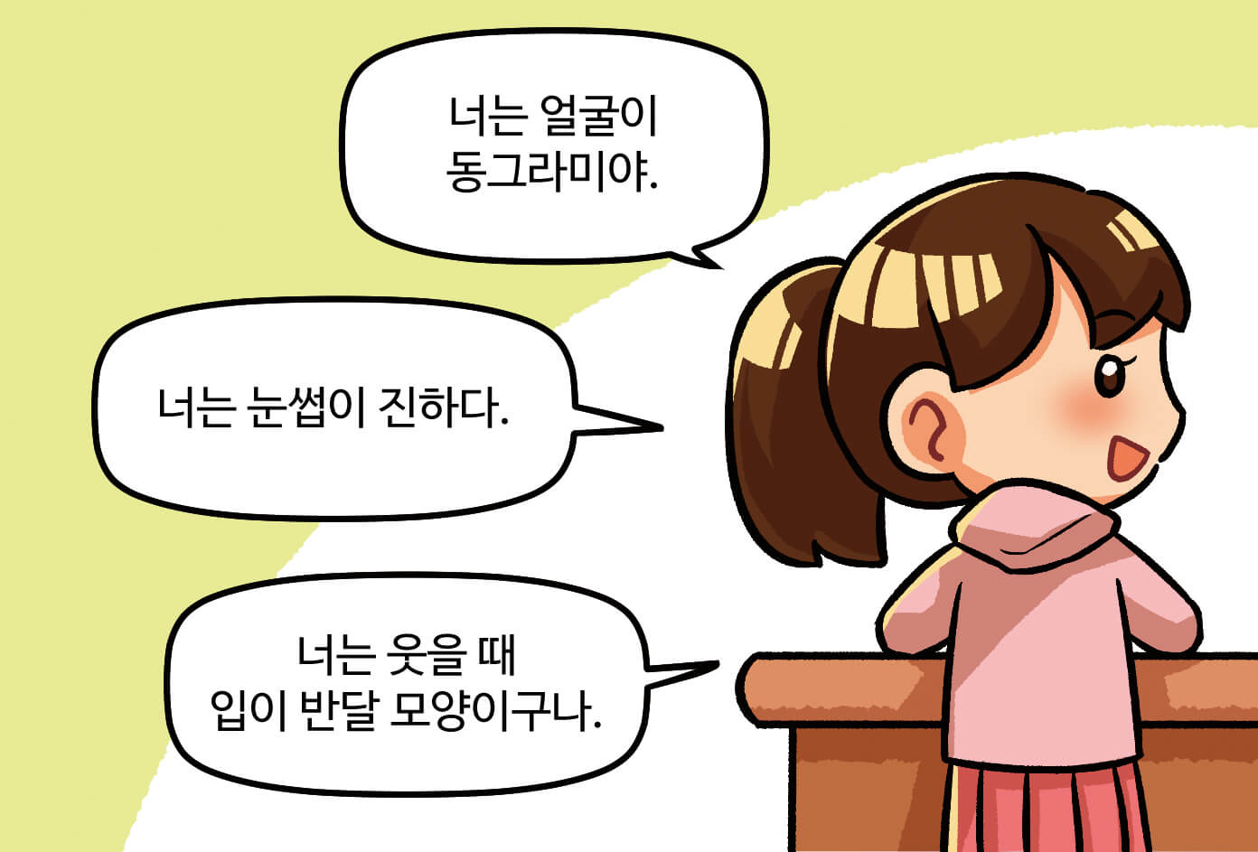 친구의 얼굴의 특징을 이야기하는 모습. 여학생이 남학생에게 '너는 얼굴이 동그라미야.','너는 눈썹이 진하다.', 너는 웃을 때 입이 반달 모양이구나.'라고 말하는 모습