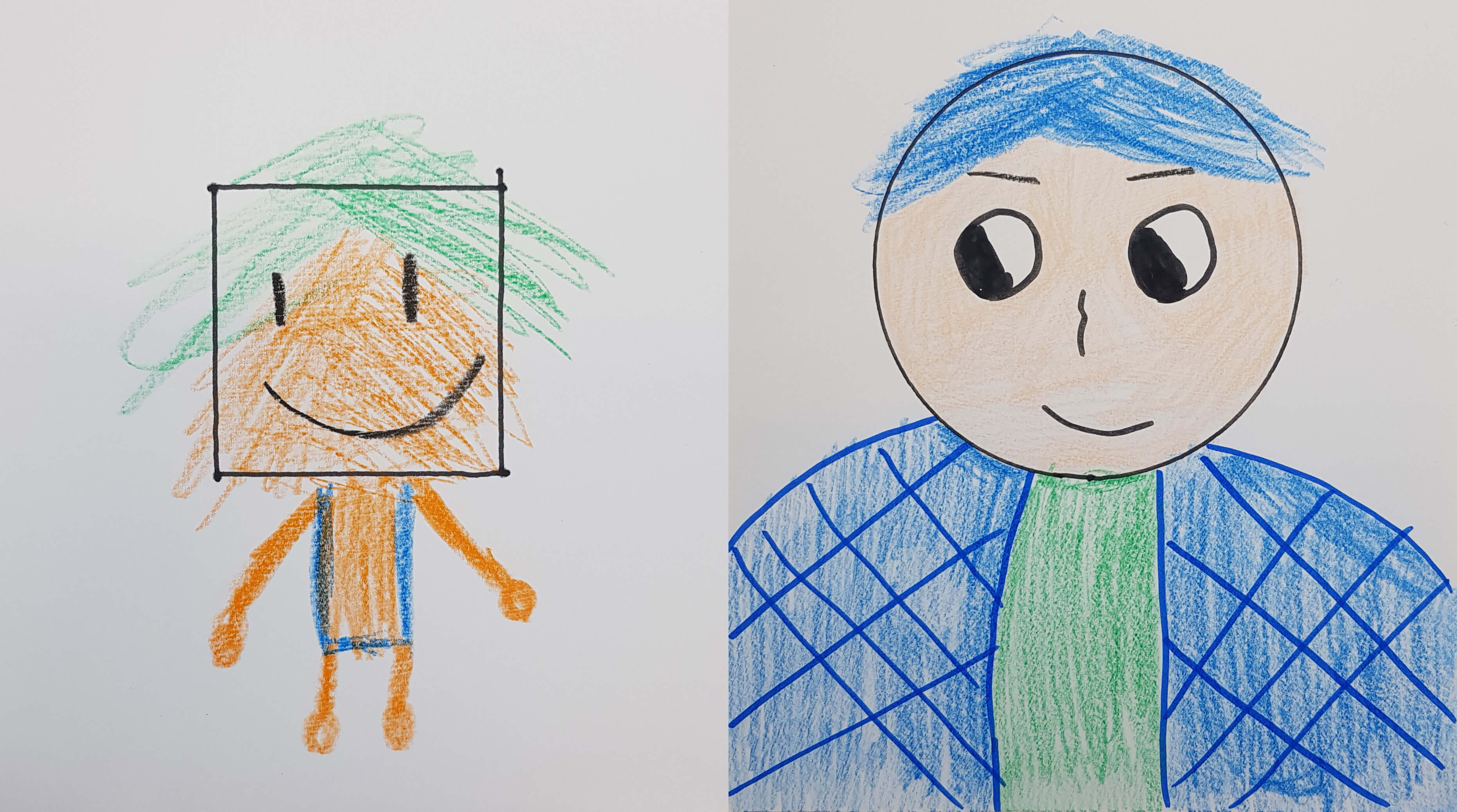 네모와 동그라미 위에 사람을 그린 그림