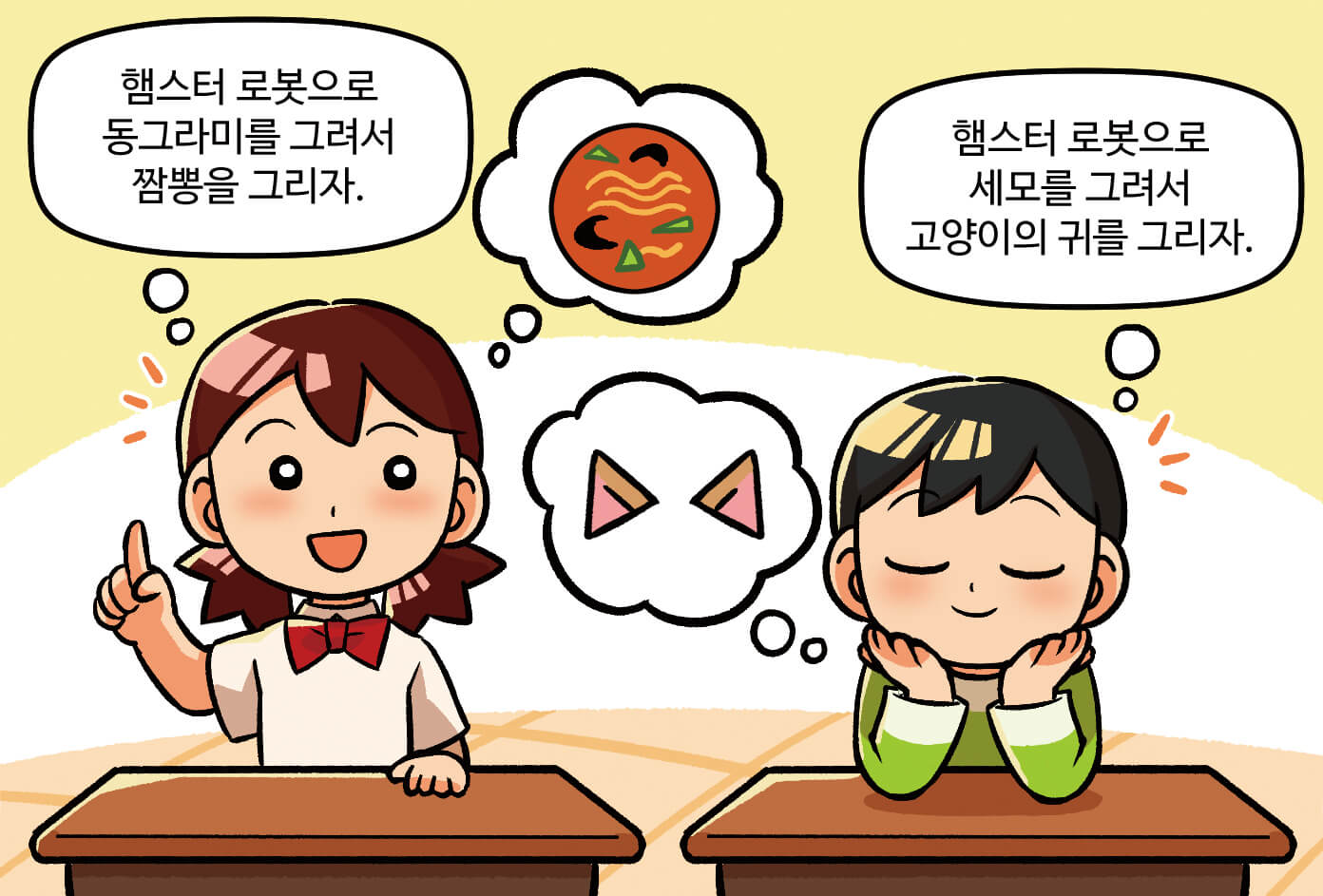 햄스터 로봇을 활용하여 어떻게 표현하고 싶은지 생각하는 모습. 학생1: 햄스터 로봇으로 동그라미를 그려서 짬뽕을 그리자. / 학생2: 햄스터 로봇으로 세모를 그려서 고양이의 귀를 그리자.