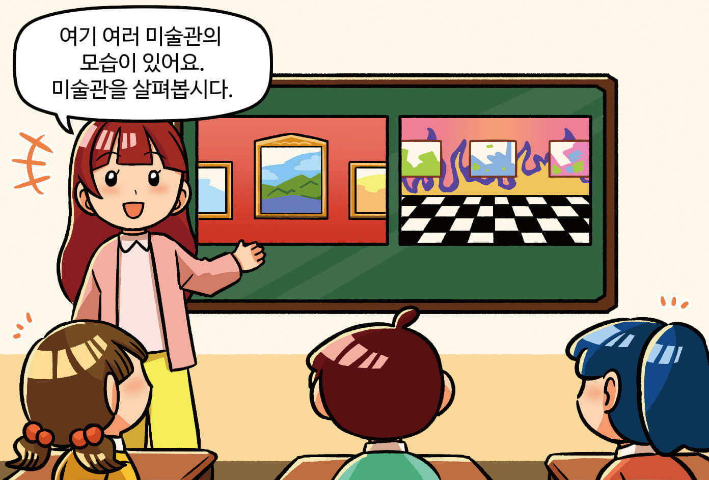 선생님이 칠판에 그림 두 개를 가리키며 '여기 여러 미술관의 모습이 있어요. 미술관을 살펴봅시다.'라고 말하는 모습