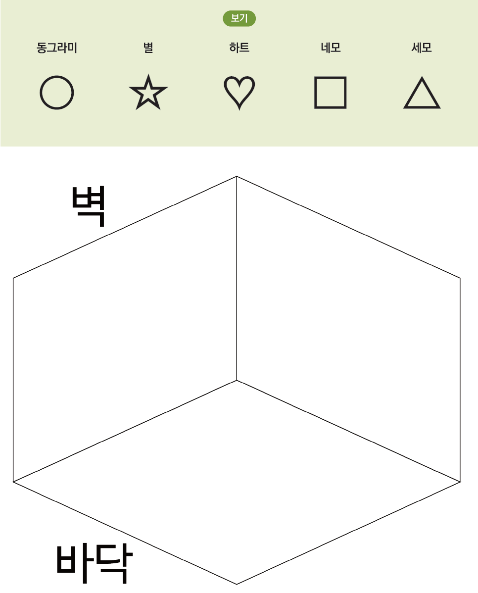 전시장 구상 활동지. 보기에는 '동그라미, 별, 하트, 네모, 세모' 도형이 있습니다.