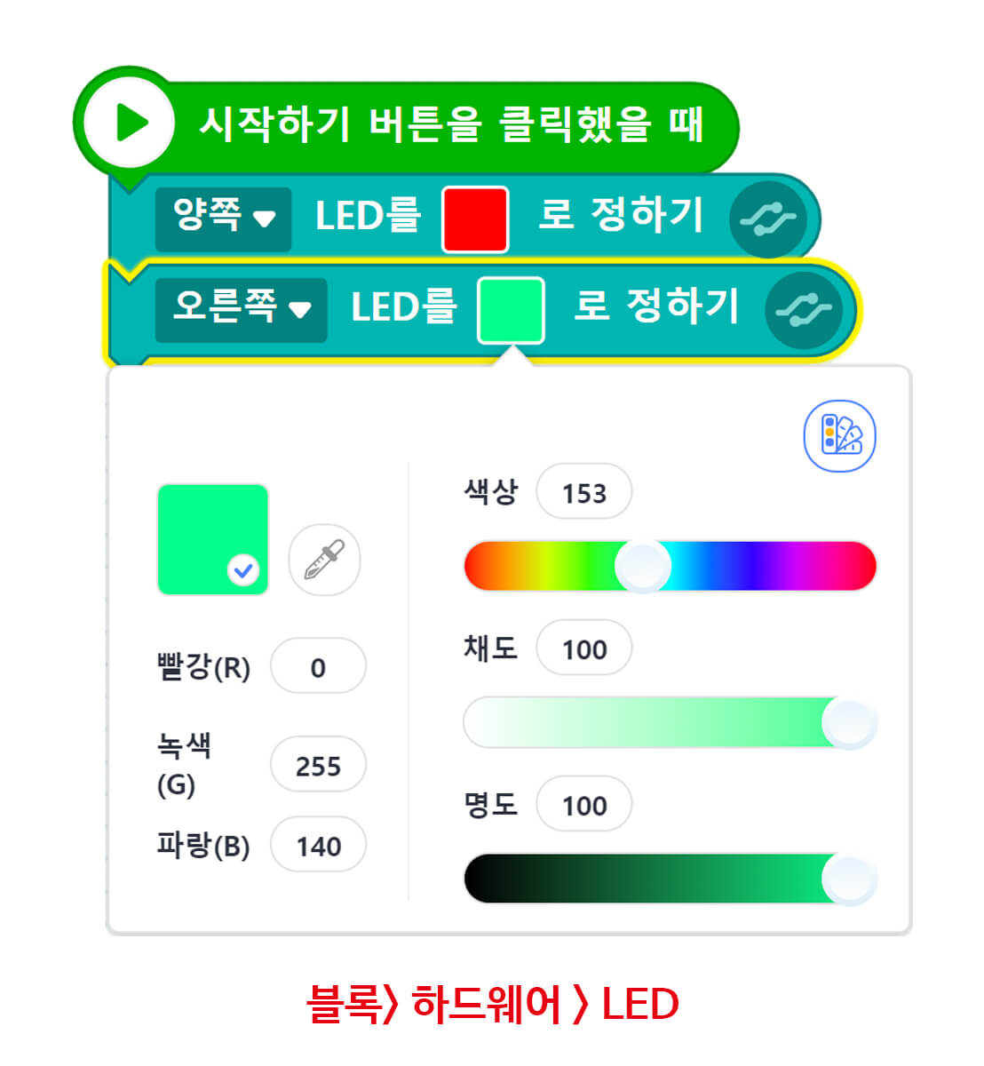 엔트리 코딩 블록. (방향지정) LED를 (사용자지정)로 정하기