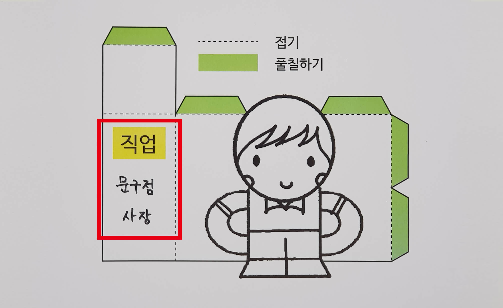 [활동지 1-2] 직업인 도안에 직업으로 '문구점 사장'을 적은 모습