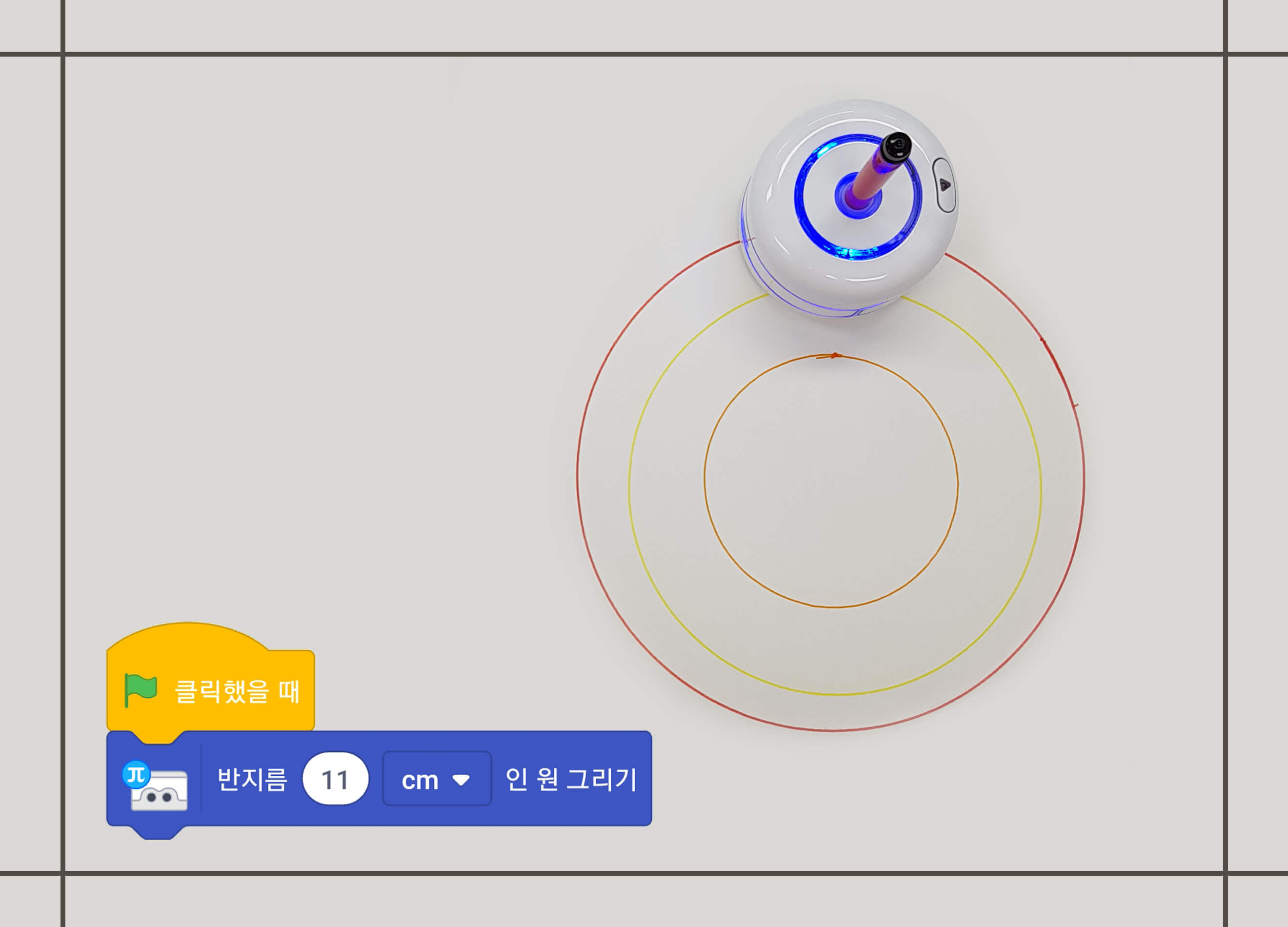 카미봇 파이가 반지름 11cm인 원을 그린 모습