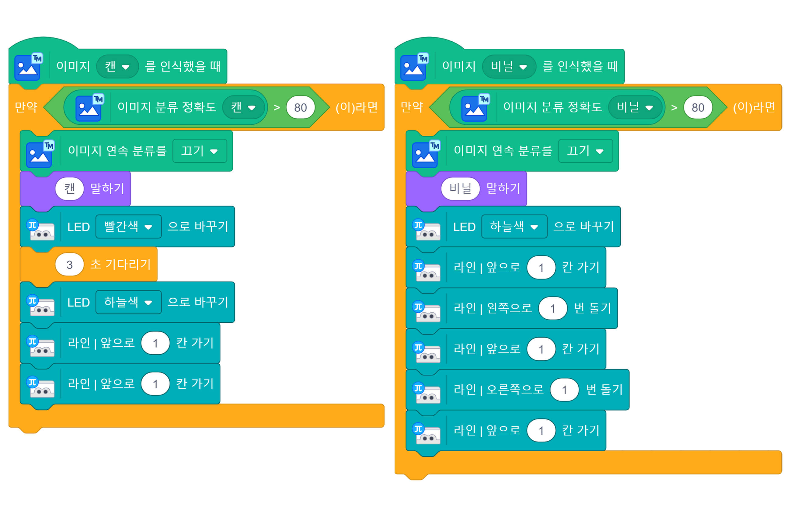 이미지 캔을 인식했을 때 블록코딩, 이미지 비닐을 인식했을 때 블록코딩