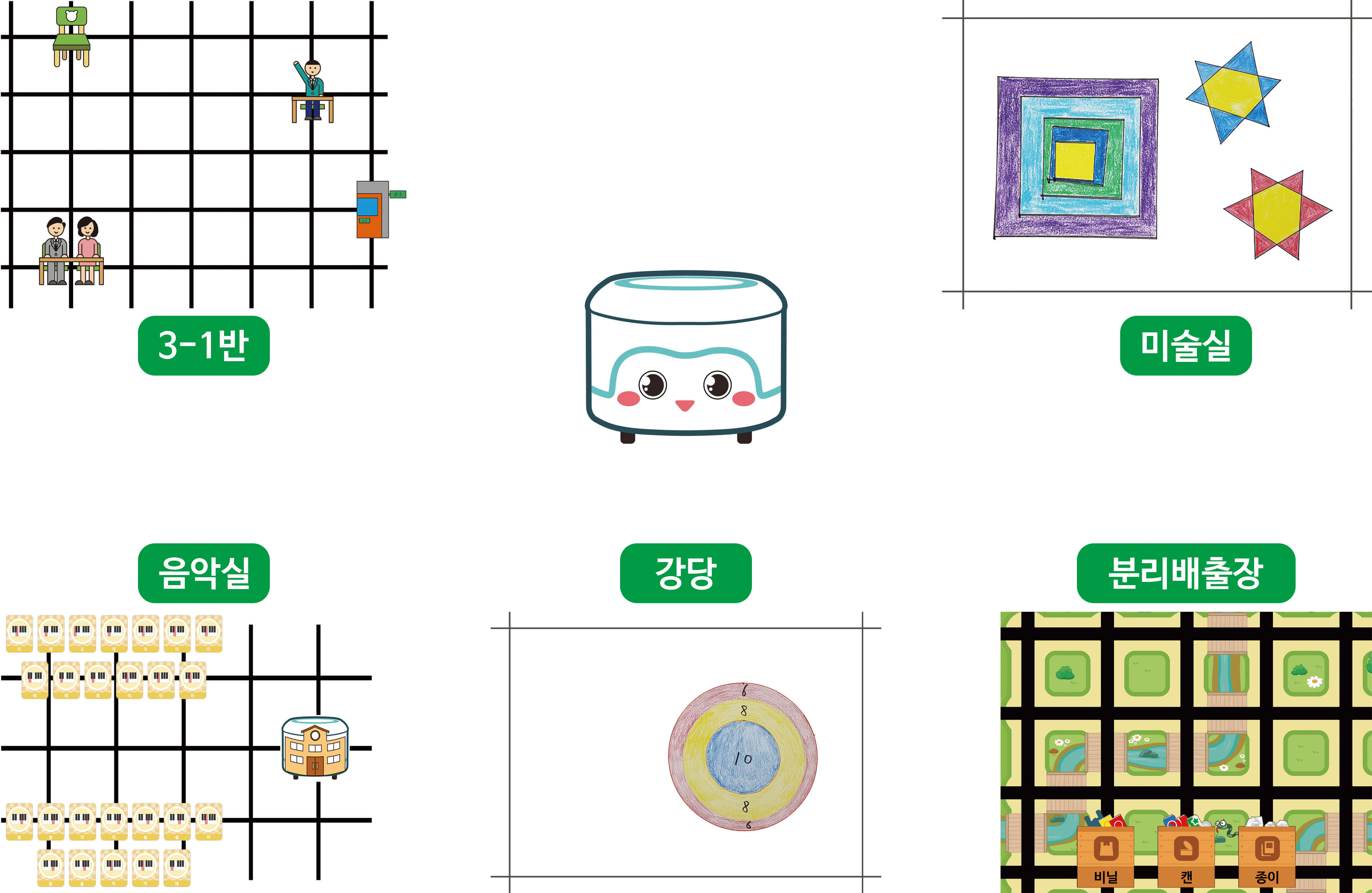 1차시부터 5차시까지 만든 장소들을 배치한 모습