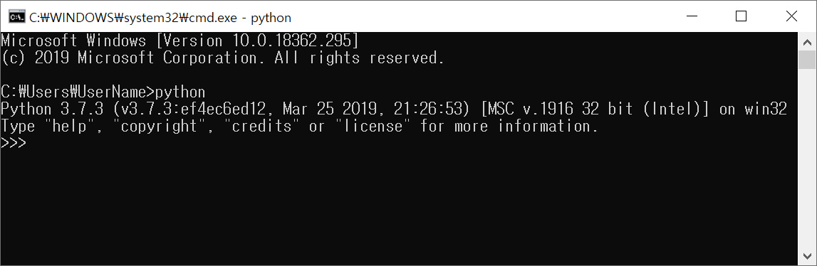 이미지. 명령프롬프트창에서 python을 입력한 화면