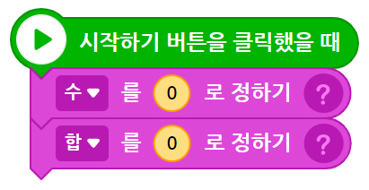 이미지. 시작하기 버튼을 클릭했을 때 블록, 수를 0로 정하기 블록, 합을 0으로 정하기 블록이 연결되어 있는 스크린샷