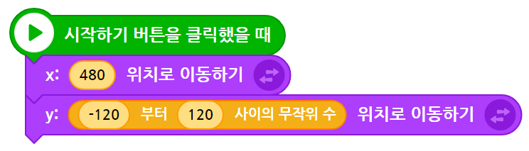 이미지. 시작하기 버튼을 클릭했을 때 블록, x:480 위치로 이동하기 블록, y: -120부터 120 사이의 무작위 수 위치로 이동하기 블록이 연결되어 있는 스크린샷.