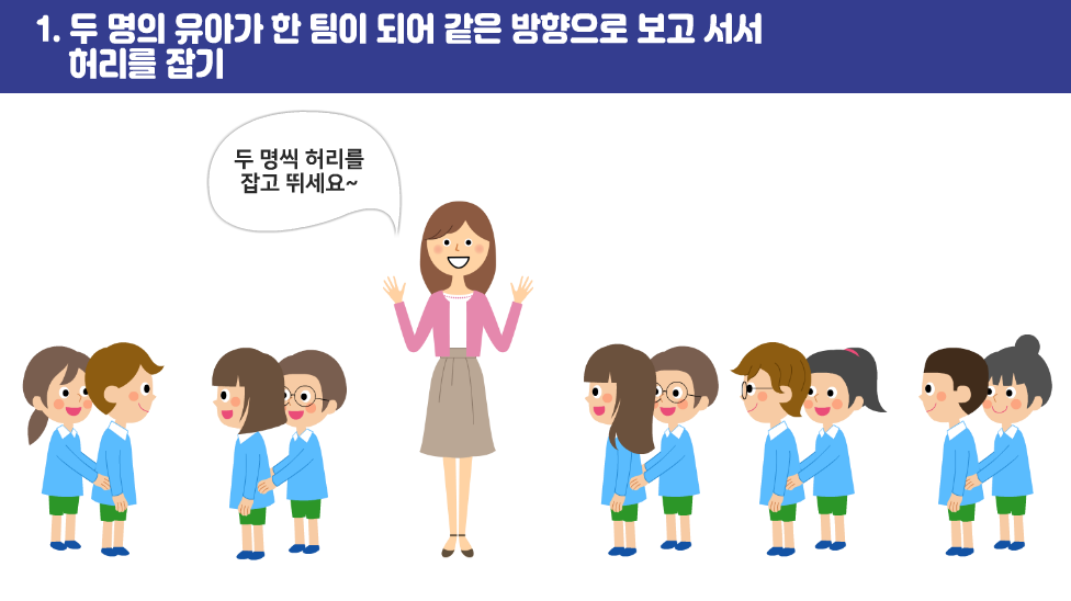 1. 두 명의 유아가 한 팀이 되어 같은 방향으로 보고 서서 허리를 잡기